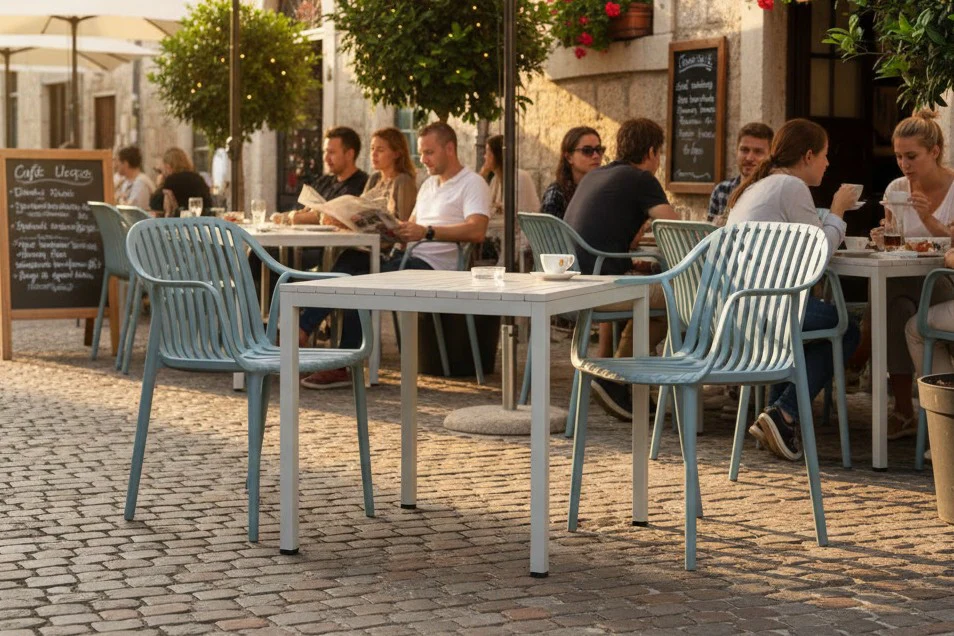 California Garden Outdoor Speckled Beige Café Table Set with California Chairs - Image 24