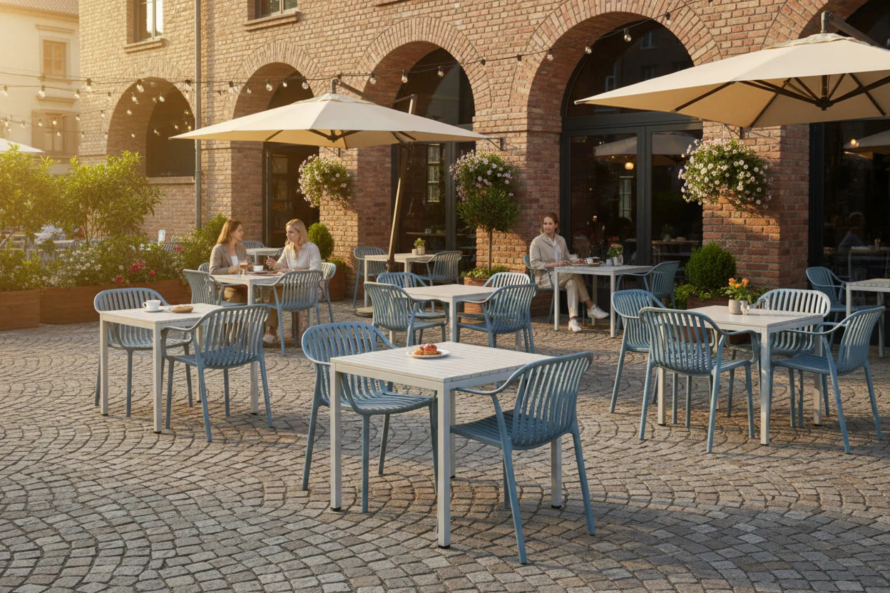 California Garden Outdoor Speckled Beige Café Table Set with California Chairs - Image 25