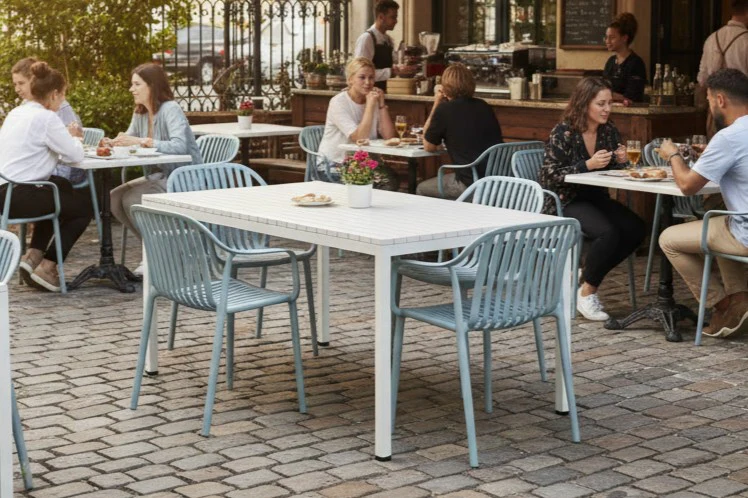 California Garden Outdoor Speckled Beige Café Table Set with California Chairs - Image 34