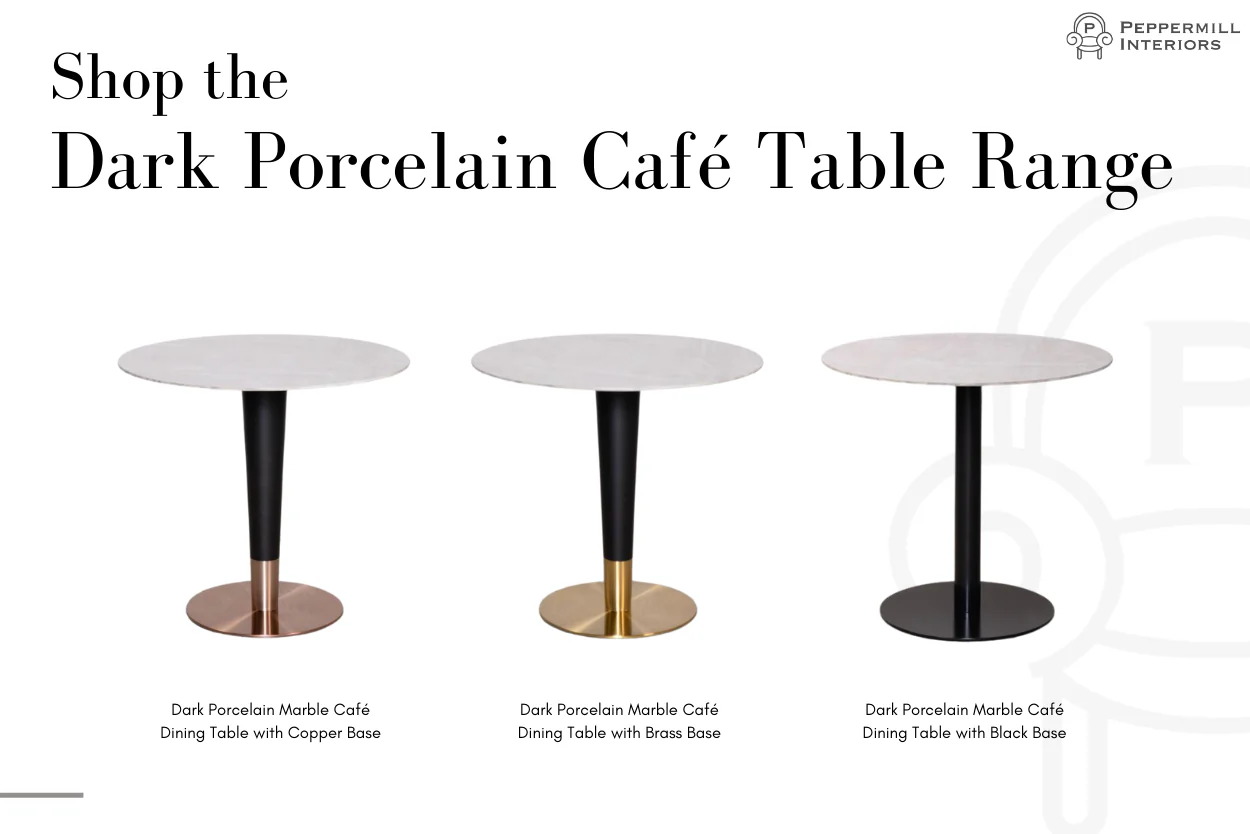 Dark Porcelain Marble Café Dining Table with Black Base - Image 9
