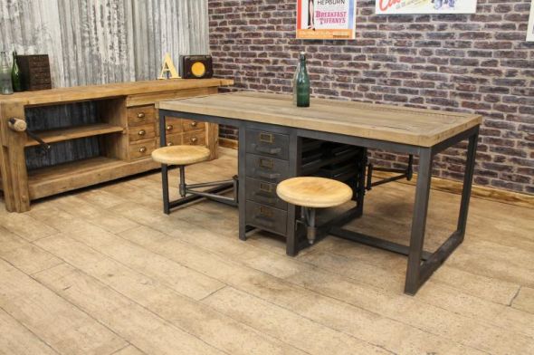 Industrial Style Oak Table/Desk with 4 Stools - Image 4