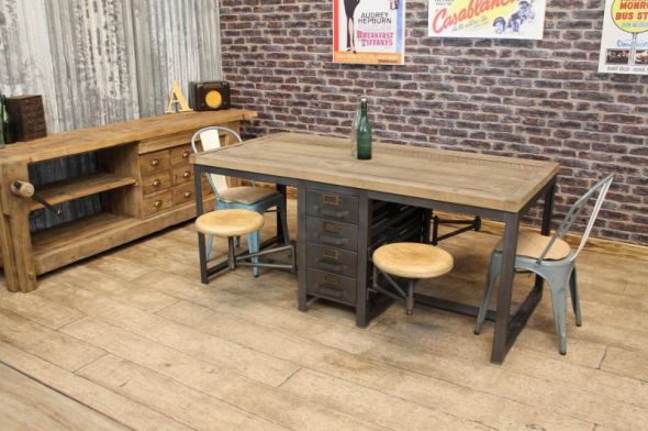 Industrial Style Oak Table/Desk with 4 Stools - Image 6