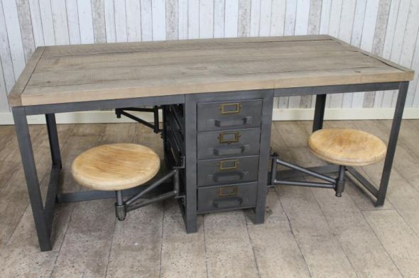 Industrial Style Oak Table/Desk with 4 Stools - Image 7