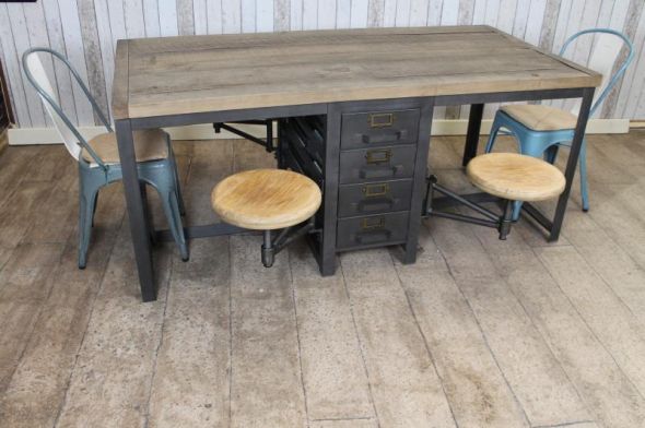 Industrial Style Oak Table/Desk with 4 Stools - Image 8