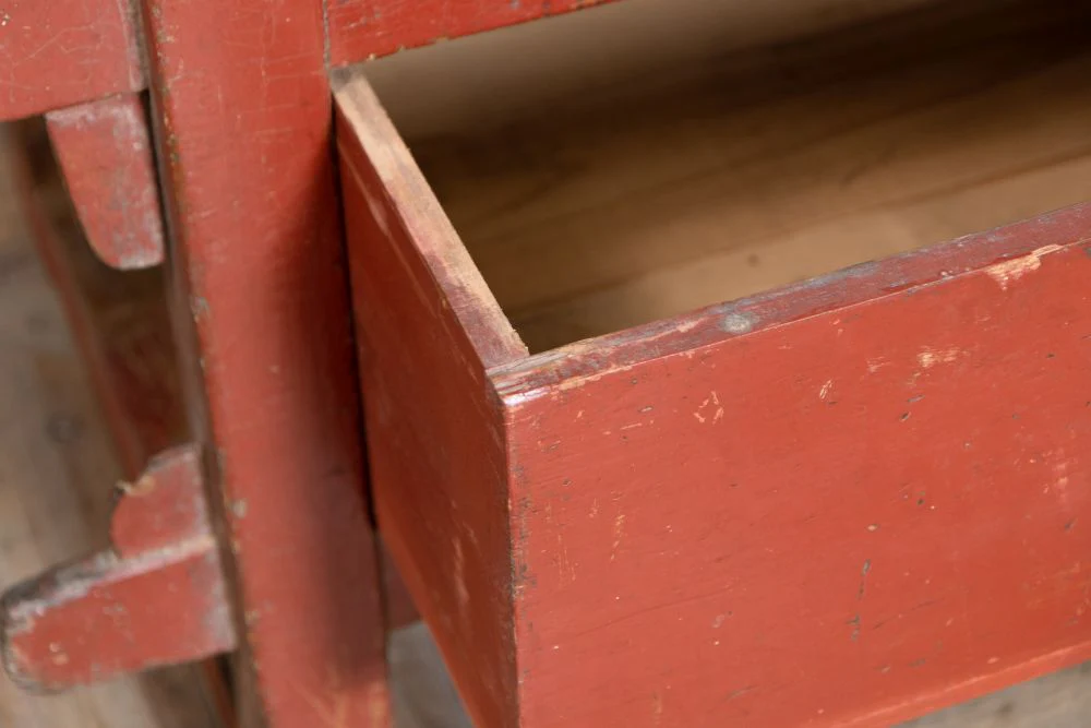 Red Industrial Style Kitchen Workbench with Oak Chevron Top - Image 10