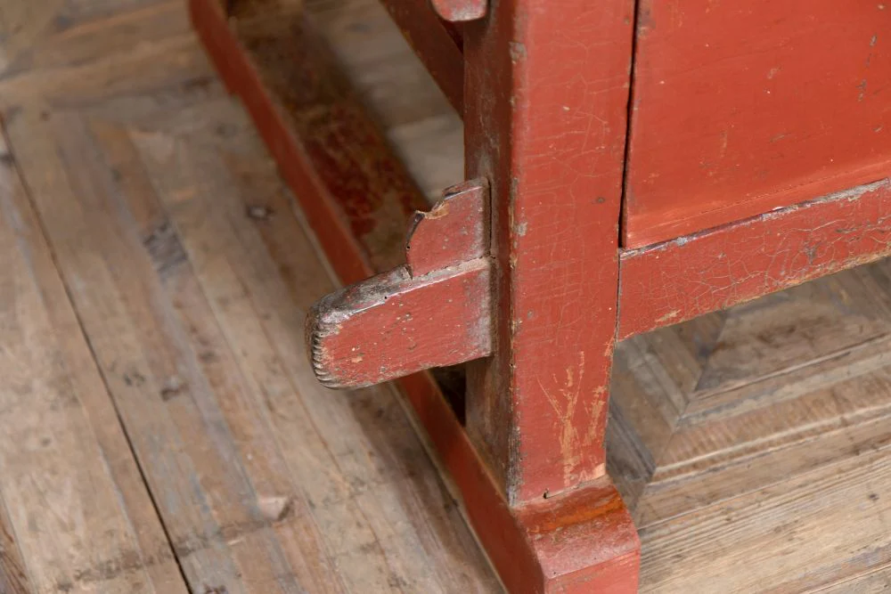 Red Industrial Style Kitchen Workbench with Oak Chevron Top - Image 11