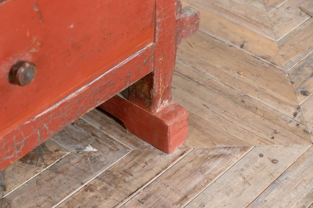 Red Industrial Style Kitchen Workbench with Oak Chevron Top - Image 12