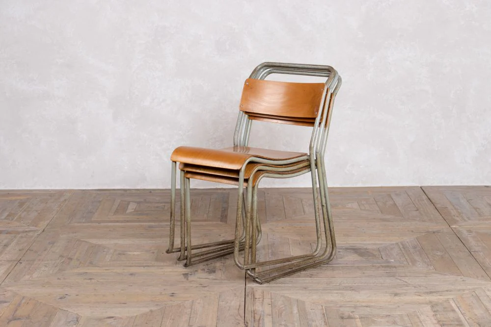 Set of 3 Vintage Stacking Chairs with Plywood Seat - Image 4