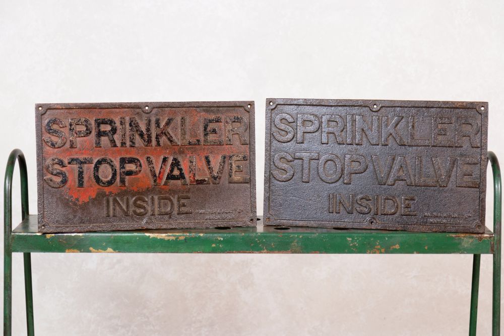 Vintage Large Cast Iron Signs 'Sprinkler Stop Valve Inside'