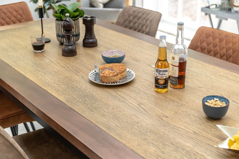 Zinc and Copper Edge Table Tops with a Wooden Tapered Base - Image 6